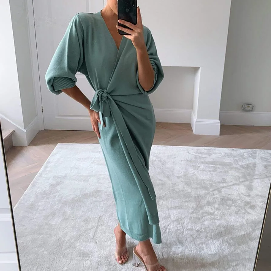 

Long Women Knitted Wrap Dress Autumn Winter Oversize Elegant Day Dress Sexy V Neck Knitwear Robe 2020 Ladies Clothes Woman dress