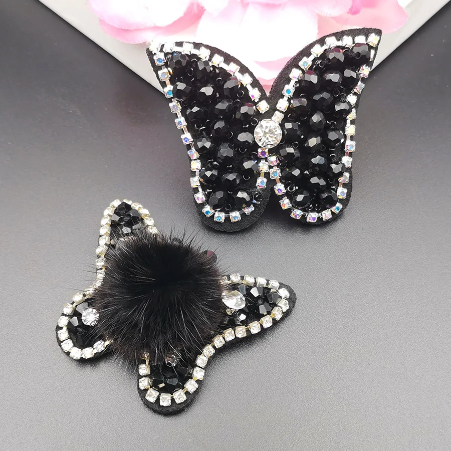 

Black butterfly applique patch sew on butterfly patches accessories, feather crystal rhinestone decor good quality clothes patch