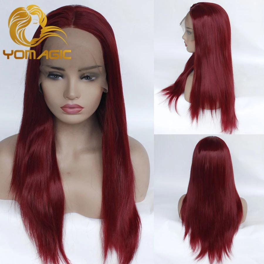 Синтетические парики yomic цвета бордового с натуральной линией волос шелковые