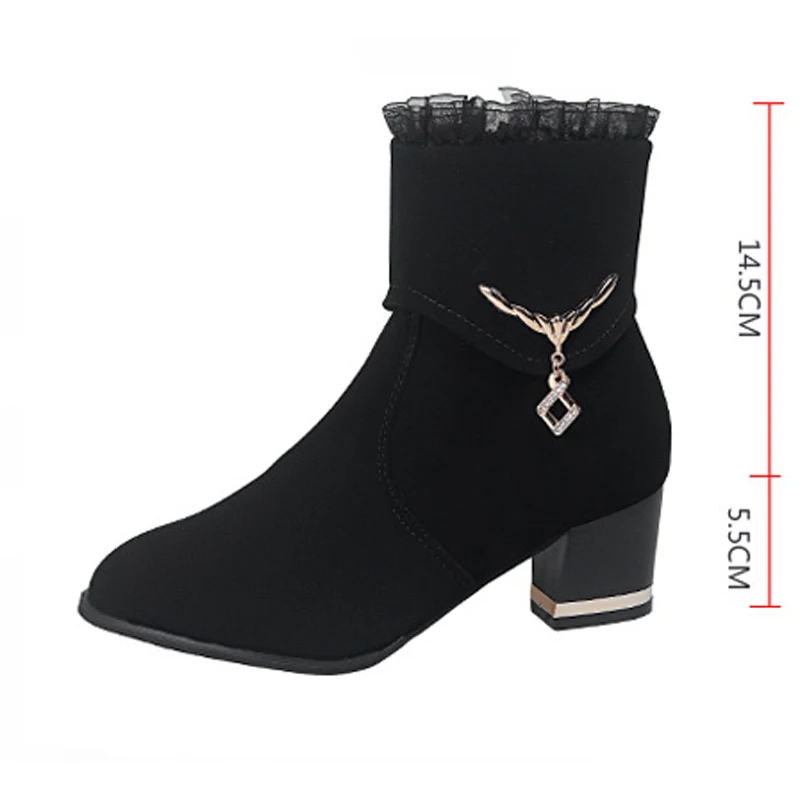 

Booties 2019 Autumn Block High Heels Zipper Ladies Boots New Ankle Boots for Women Shoes Woman Crystal Flock Lace Winter Boots
