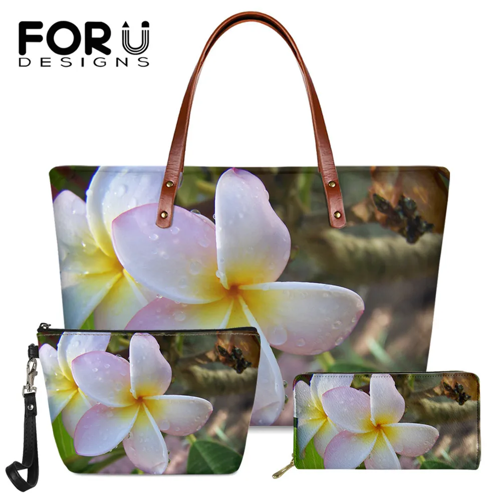 

FORUDESIGNS Hawaiian Plumeria 3D Print Pretty Women Handbag Luxury Female Big Soft Shoulder Bag And Pu Purses Set Bolsa Feminina