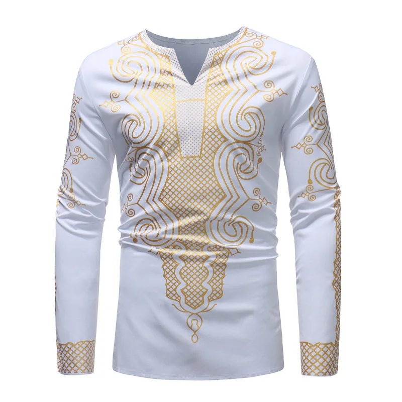 

African Dashiki Print V Neck T Shirt Men 2020 Brand Slim Fit Long Sleeve African Clothes Men Hip Hop Streetwear Tee Shirt Homme