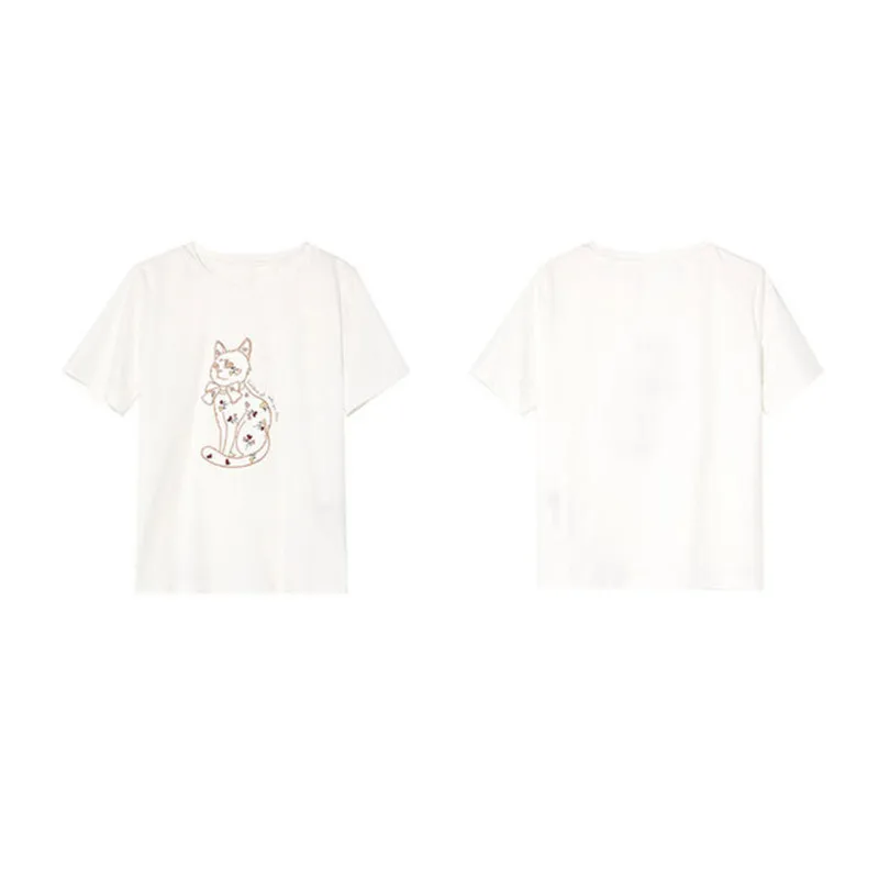

2021 Summer New Waterproof Loose T-shirt Women Korean Style Casual Cat Print Short Sleeves Slim Top Female LR1284