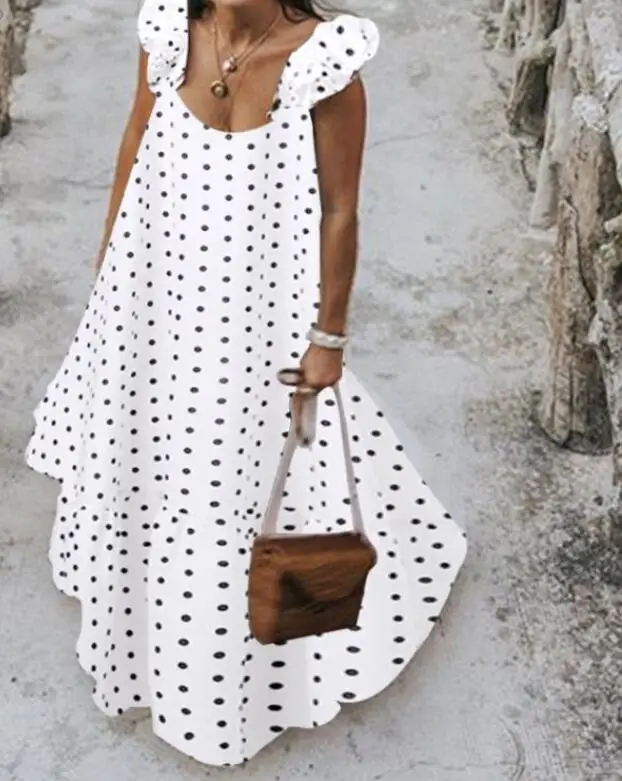 

Summer Leopard Sundress Women Bohemian Polka Printed Maxi Dress Casual Female Sleeveless Robe Long Ruffles Vestidos vintage