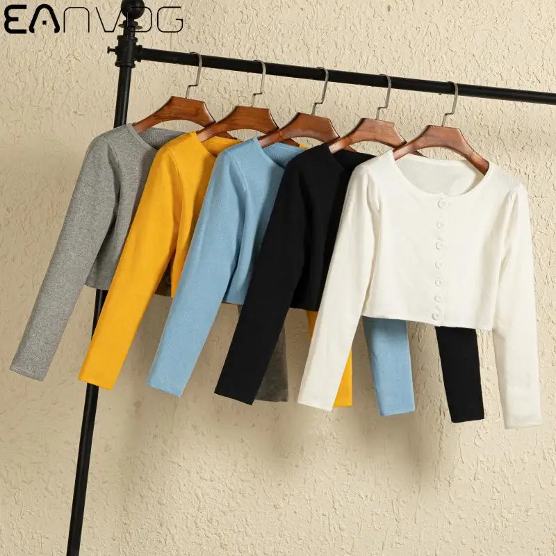 

Женский облегающий свитер, весенне-осенний кардиган с длинным рукавом, однотонные модные укороченные топы в Корейском стиле, вязаные повсе...