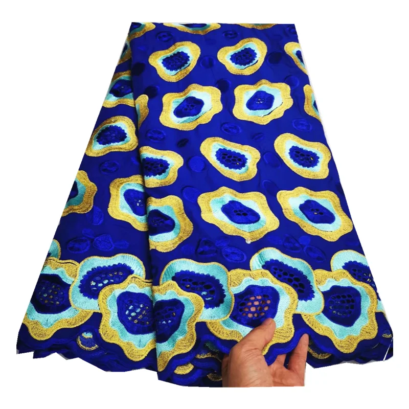 

Blue 5yards Glitter Glam Swiss Dry Fabric Embroidery African 100% Cotton Lace Fabric Popular Dubai Style For Wedding YC727-1