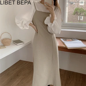 Женский винтажный комплект из 2 предметов, блузка без рукавов, длинный костюм на шнуровке, Осень-зима 2021