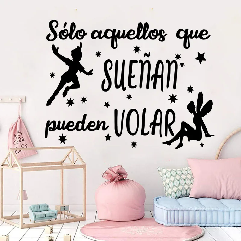 

Cartoon Spanish Peter Pan Dream Fly Wall Sticker Kids Room Playroom Fairy Inspirational Quote Wall Decal Bedroo Vinyl Decor