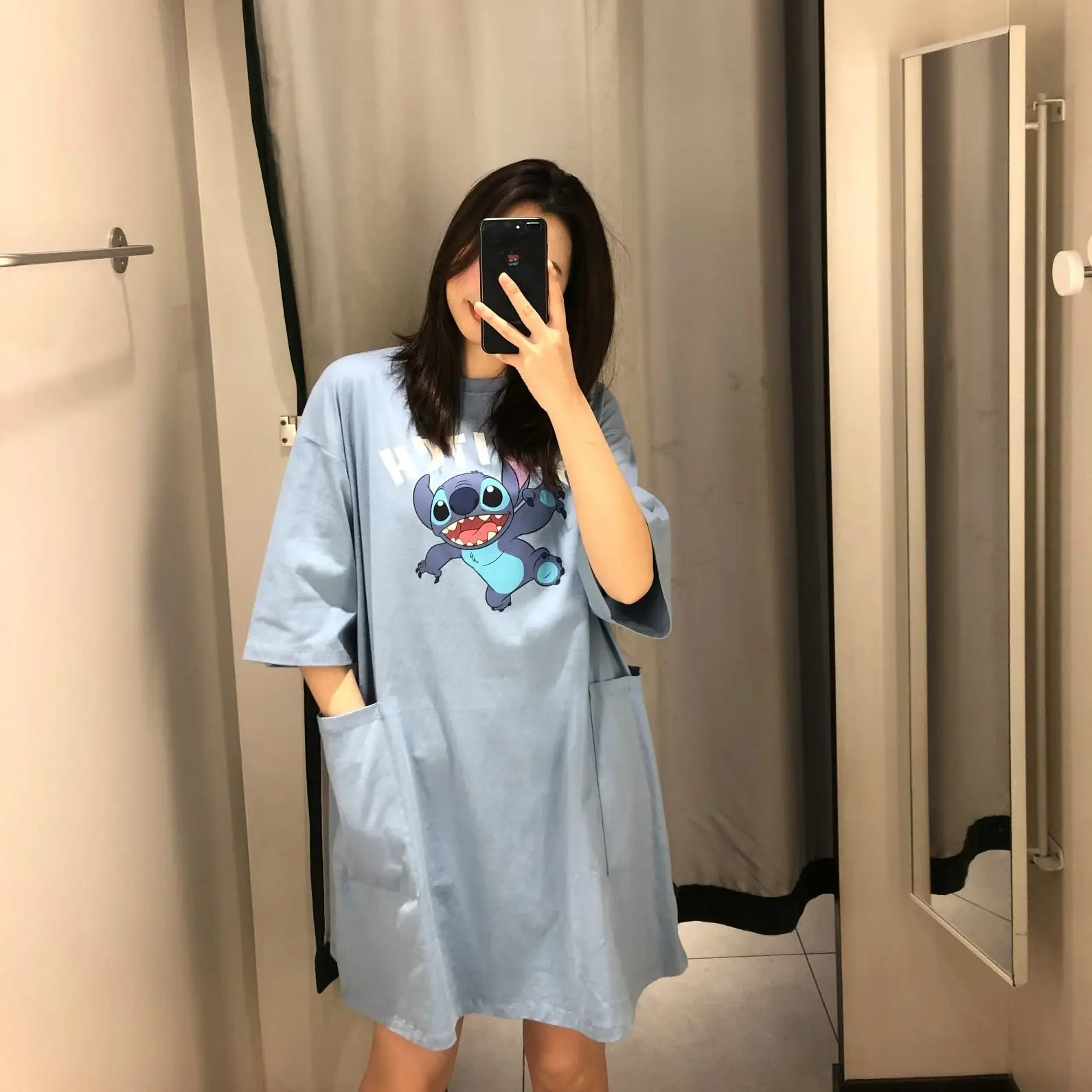 

Women's Dresses Summer 2021 Stitch Print Mini Pocket Short Sleeve Letter Kawaii Black T Shirt Dress Loose Cute Casual