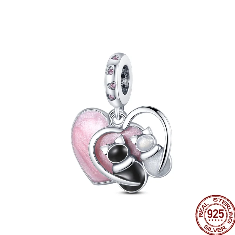 

100% Real 925 Sterling Silver Loving Couple Cats charms Fit Original pandora Bracelet&Bangle For Women Birthday Fashion Jewelry