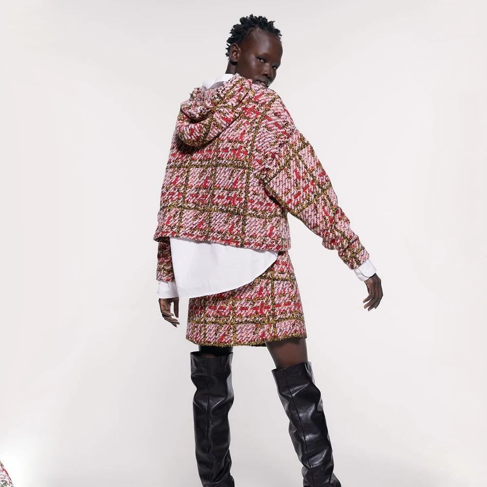 ZA осенне зимний новый комплект с юбкой и свитером вязаный клетчатый свитер