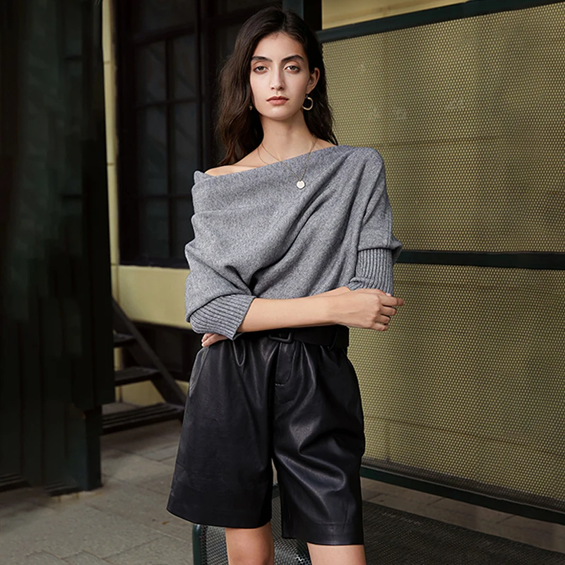 

[EAM] Irregualr Black Knitting Sweater Loose Slash Neck Long Sleeve Women Pullovers New Fashion Tide Autumn Winter 2021 1DD2929