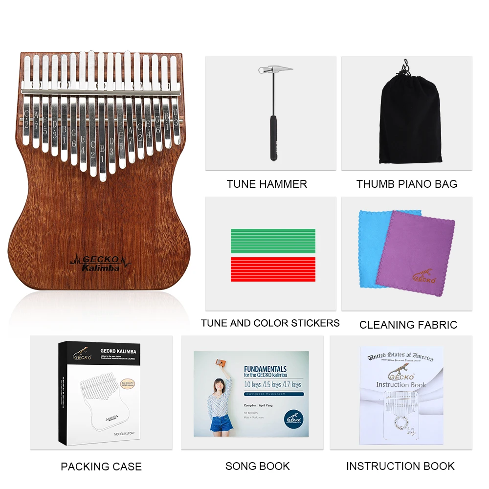 GECKO Kalimba 17 клавиш полный шпон корпус из твердого красного дерева с инструкцией и