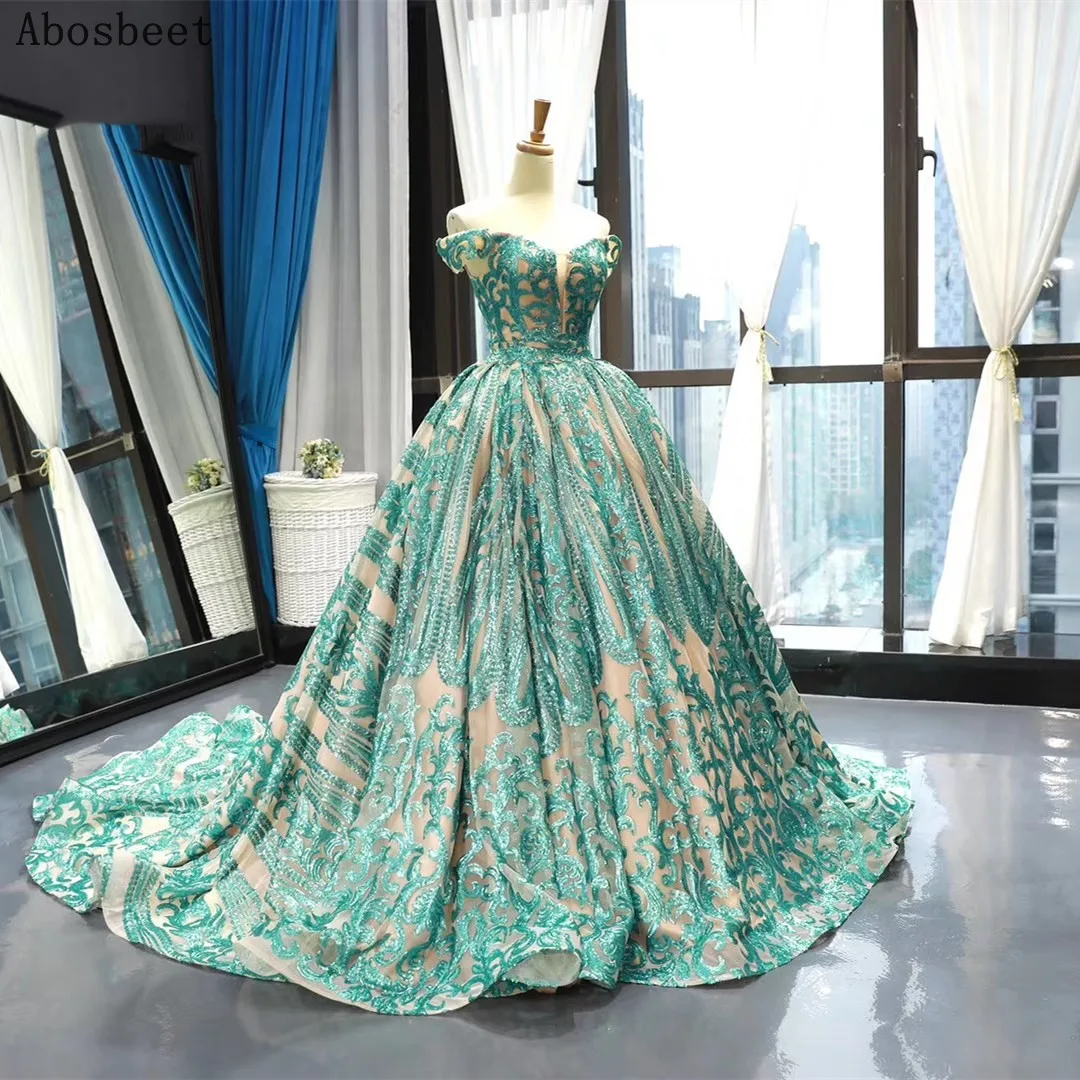 Green Sequins Lace Ball Gown Evening Dress 2021 Elegant Off Shoulder Puffy Prom Women Evening Gown Long Train Champange Lining