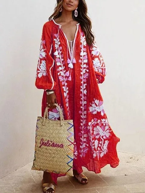 

Women Oversize Holiday Loose Beach Maxi Dress V Neck Sexy Long Vestido Floral Causal De Mujer Robe Femme Longo Red Dresses