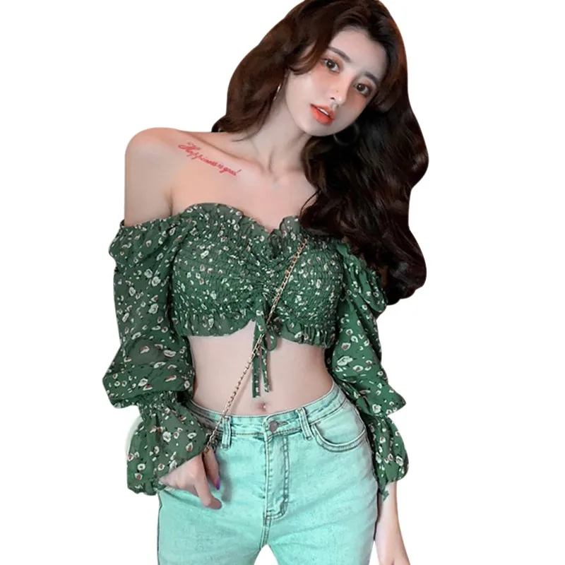 

Women Summer Square Collar Tops Short Sexy Chiffon Shirt Clothes Blouses Sweet Pleated Streetwear Small Floral Print