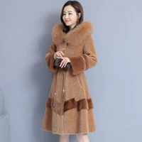 2020 winter new women sheep shearing hooded coats female medium long slim jacket parker genuine fox fur collar coat outerwear