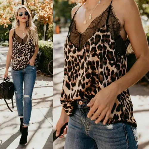 

New Fashion Sexy Womens Summer Camis Tops Lace Leopard Patchwork Female Crop Top Tank Tops