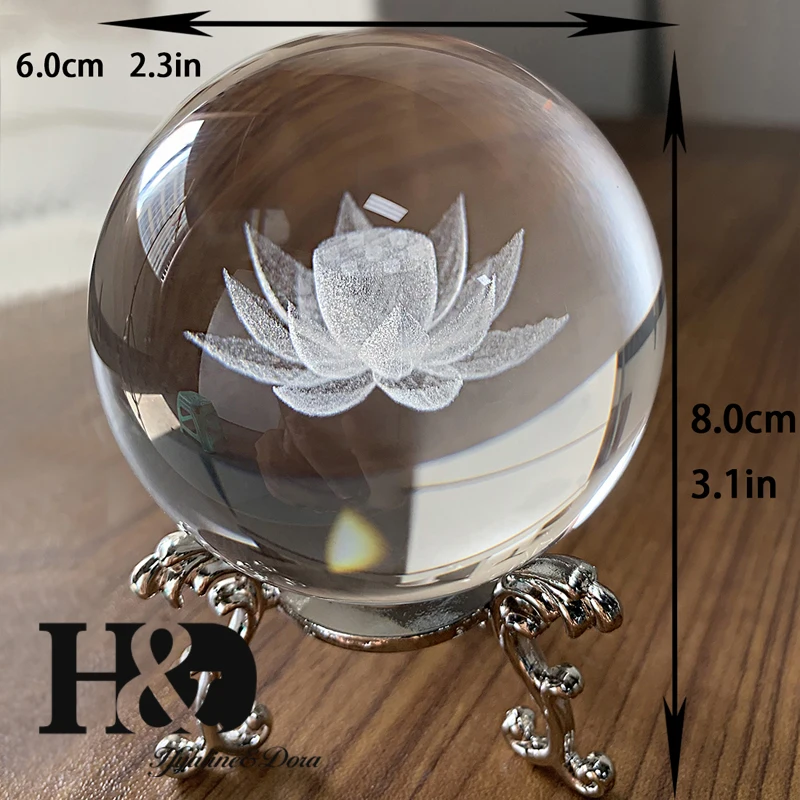 H&D 60 мм 3D шар лазерный хрустальный шар с гравировкой стекло художественное ремесло миниатюрная Сфера домашний Декор Аксессуары Рождественский подарок металлическая подставка