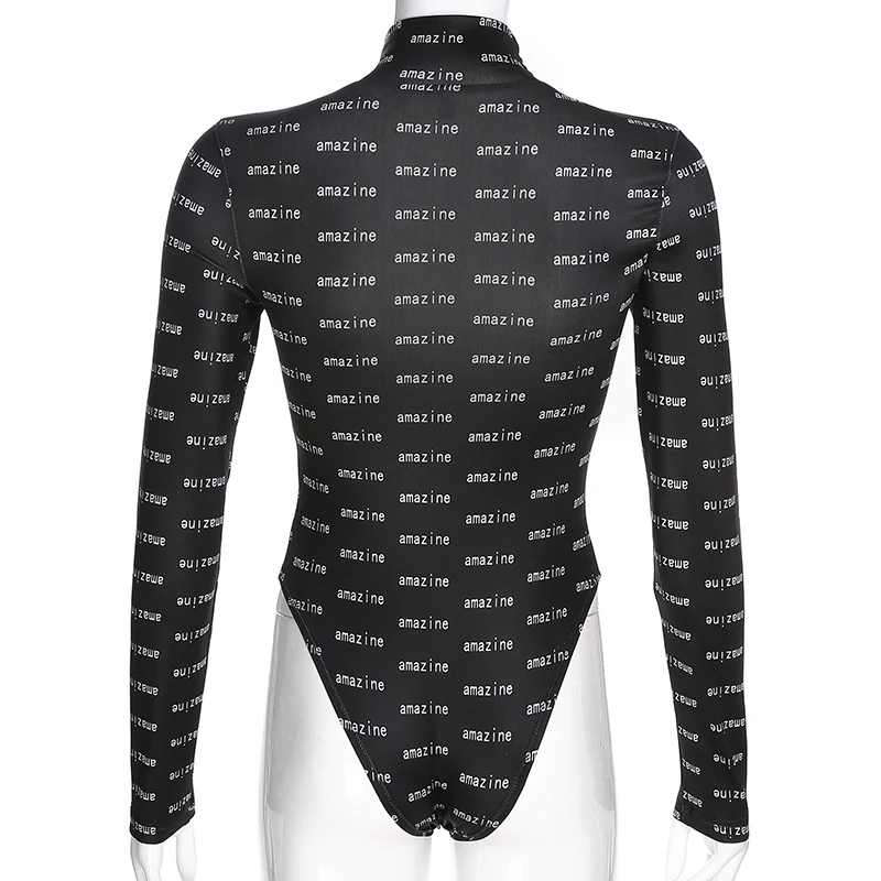 

DropShipping Letter Printed Black Bodysuit Turtleneck Bodycon Long Sleeve Jumpsuit Autumn Basic Casual Body Women High Neck 2021