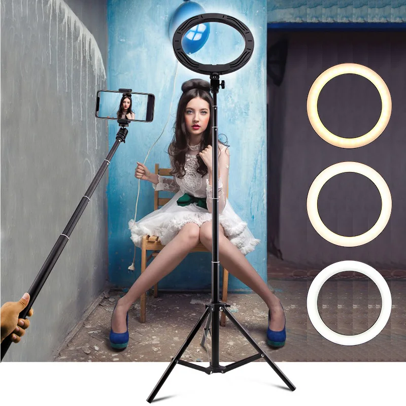 

Photography Selfie Stick Ring Light 26cm 10inch LED Makeup Ring Lamp & Phone Holder USB plug for Live Stream Youtube Videoinch