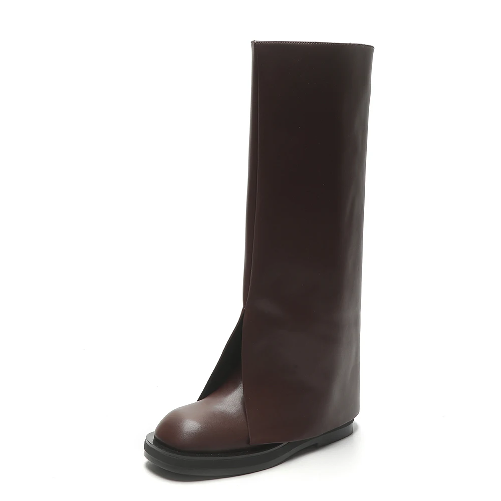 

Women Boots Mid-Calf Boots Platform Shoes Genuine Leather Fashion Round toe Casual Trouser Boots Straight Boots Ladies