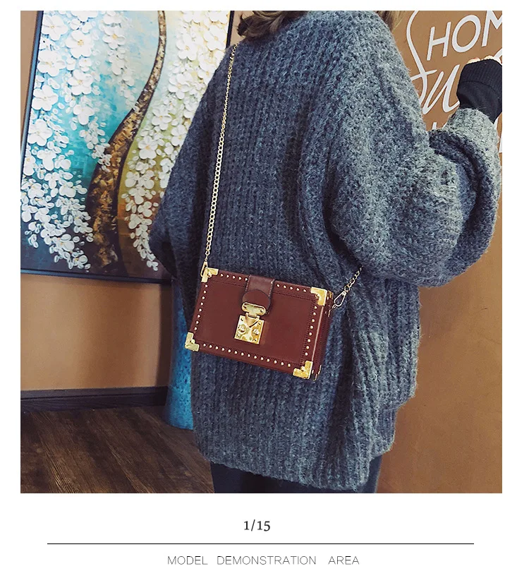 Fashion Vintage Rivet Designer Bag Box Style Buckle PU Women Clutch Bag Chain Purse Shoulder Bag Crossbody Small Flap Handbag