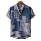 Рубашка мужская с короткими рукавами, модная Повседневная блузка из хлопка и льна в клетку, с воротником-стойкой, гавайская одежда, в винтажном стиле