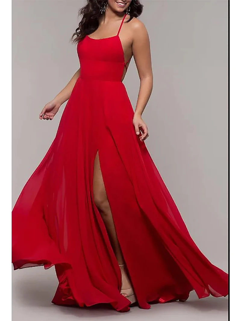 

A-Line Maxi Holiday Prom Dress Halter Neck Sleeveless Floor Length Chiffon with Pleats Split 2021