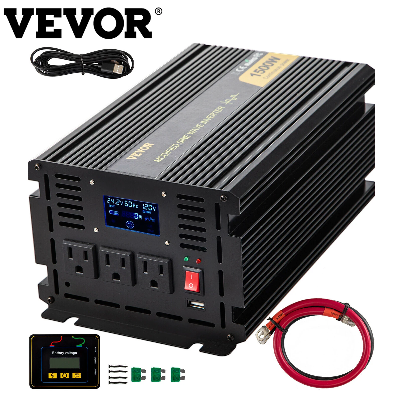 

Инвертор синусоидальной волны VEVOR, DC 12 В/24 В ac 120 В, ЖК-экран из алюминиевого сплава и Светодиодные индикаторы для автомобиля, домашний источн...