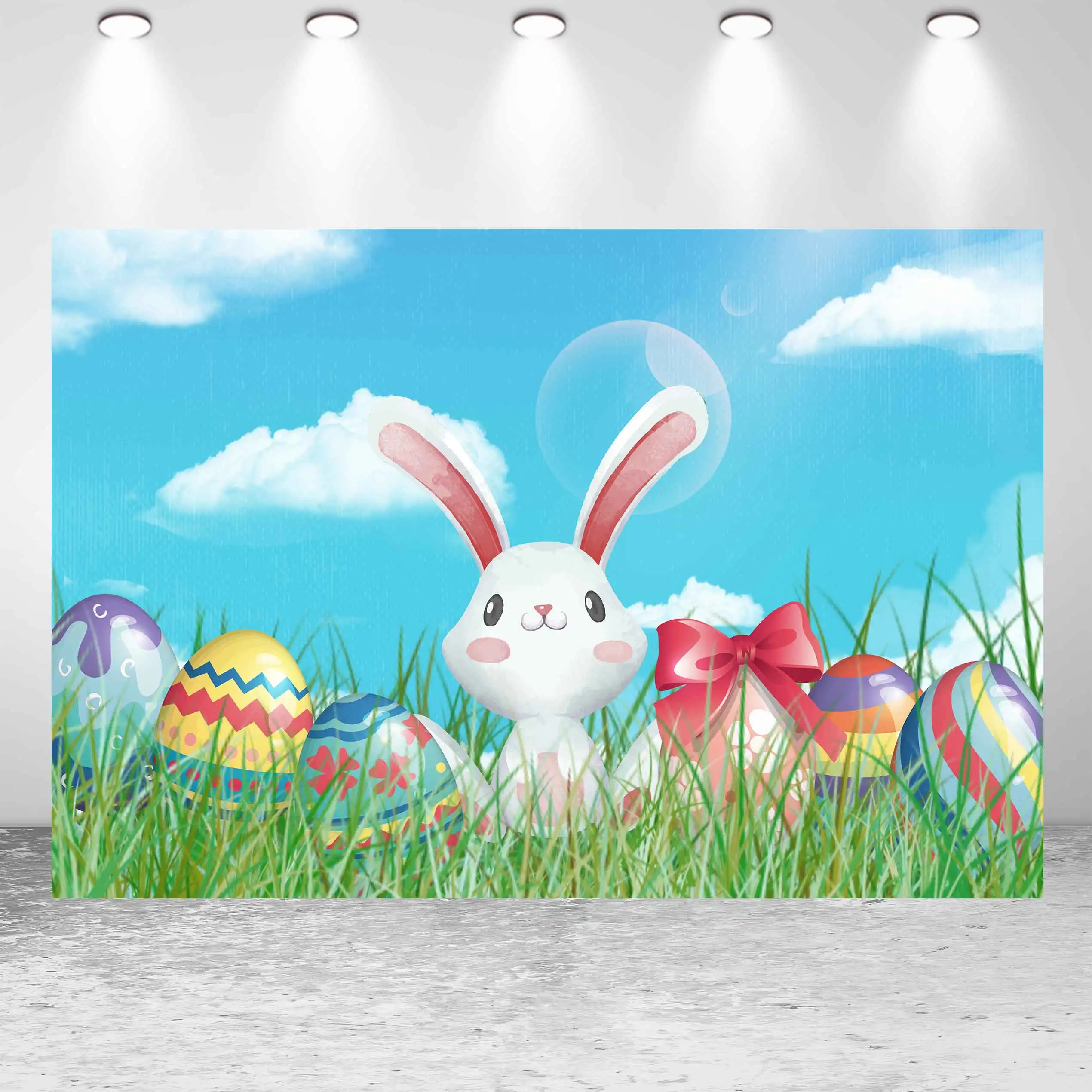

Фон для фотосъемки с пасхальными изображениями кролика яйца неба луга облака вечерние ринки
