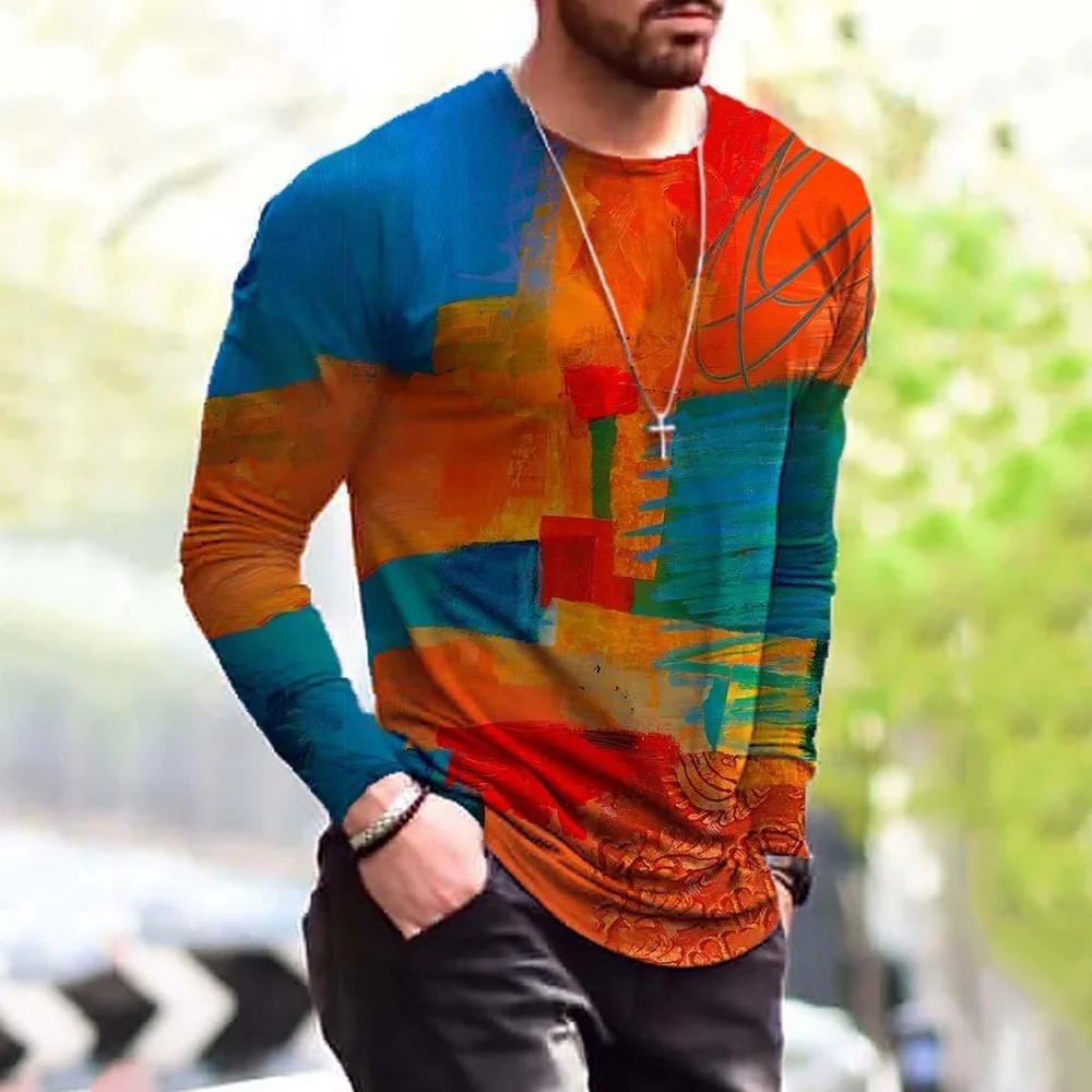 

Men T-shirt Casual Pullover Long Sleeve Slim Fashion Print Simple Tshirt Spring Plus Size Tie Dye Male Tee Kpop Oversize Top