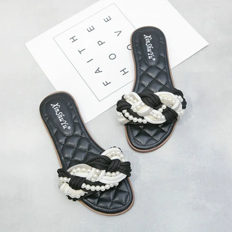2020 Summer New Women's Sandals Linen Flower Color Woven Pearl Beach Shoes Fashion Slippers Low Heel Shoes Holiday Shoes Women