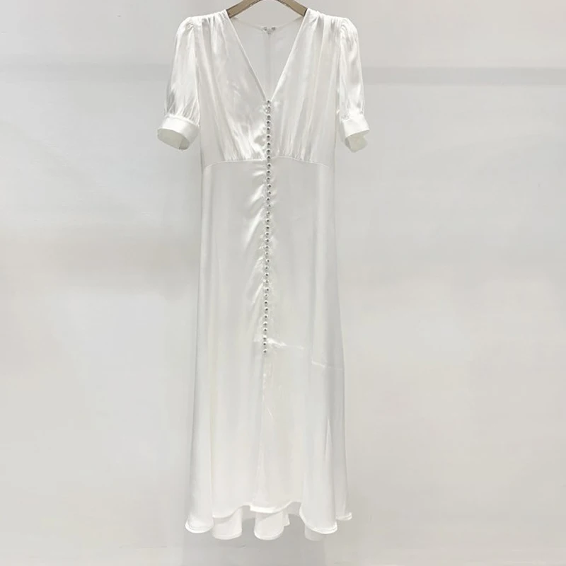 

Women Single Breasted Mid-calf Dress V-neck High Waist Short Sleeve Female Robe Spring Summer 2021