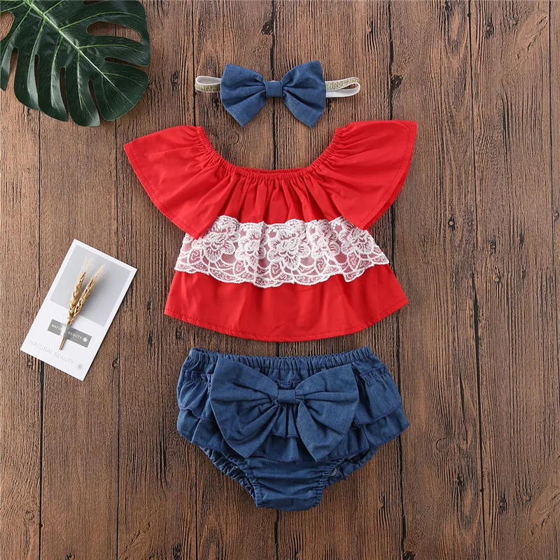 

Newborn Baby Girls Off-Shoulder Lace Patchwork Tops+Ruffles Bowknot Ruffle Shorts+Headband 3PCS Clothes Set
