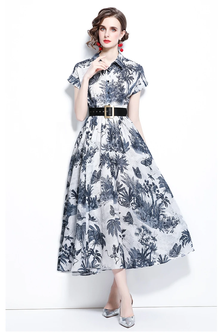 

Women Summer Dresses Office Lady A-LINE Printing Mid-Calf Women Dresses O-Neck Elegant Party Night Expand 2021 New Dresses