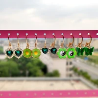 5pairset green crystal heart butterfly drop earrings set for women acrylic flower yin yang metal dangle earring fashion jewelry