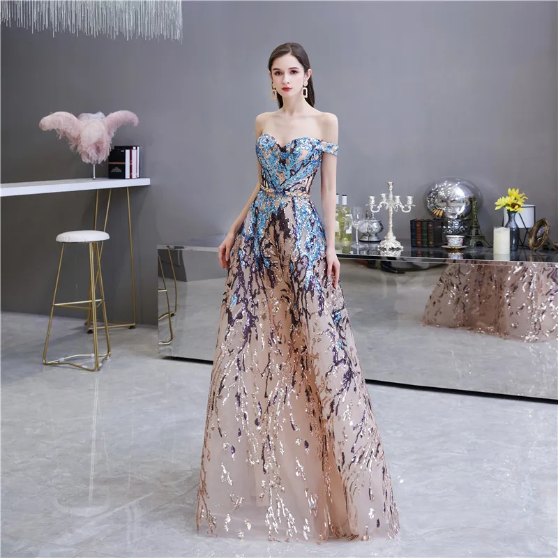

Off Shoulder Short Sleeves A-Line Colorful Prom Party Dresses Appliques Lace Long Women Special Occasion Banquet Evening Gown
