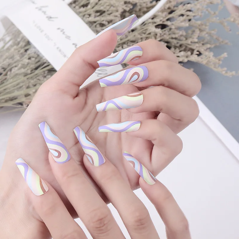 

24PCS Colorful Waves Nail Patch Sweet Style Removable Long Paragraph Manicure Save Time Glue Type False Nail Patch SANA889