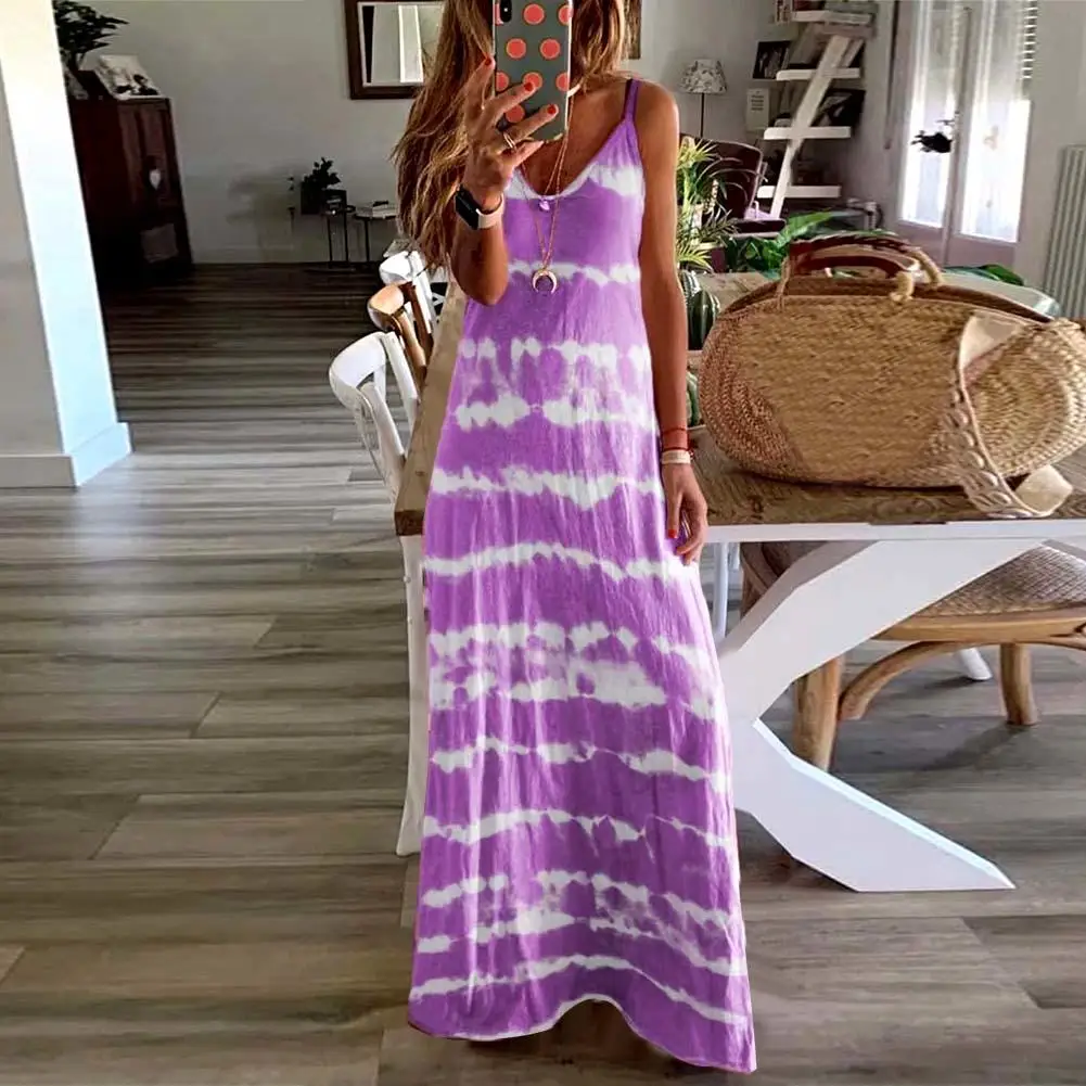 

New Arrival M-5XL Plus Size Women Ladies Casual Loose Sleeveless V Neck Tie Dye Print Long Vest Beach Sling Dress Spring Summer