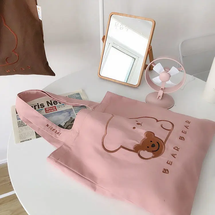 Student Girl Book Shoulder Bags Cute Biscuit Bear Women Canvas Handbags Large Capacity Ladies Shopping Bag Embroidery Cloth Tote | Багаж и
