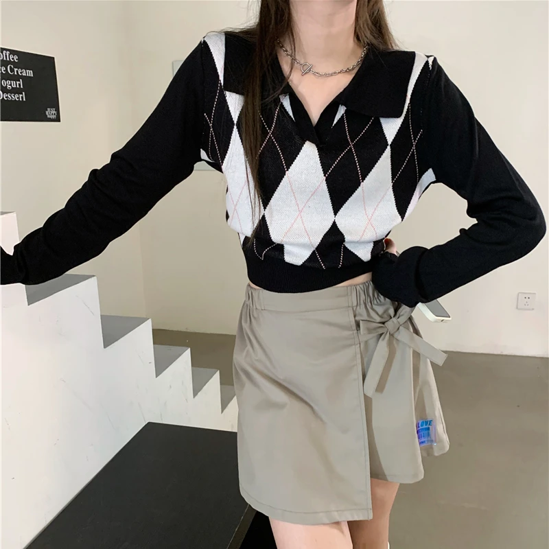 

Retro Y2K Argyle Knitted Pullover Women Autumn Fashion Polo Neck Single Breasted Preppy Style Loose Long Sleeve Sweater Crop Top
