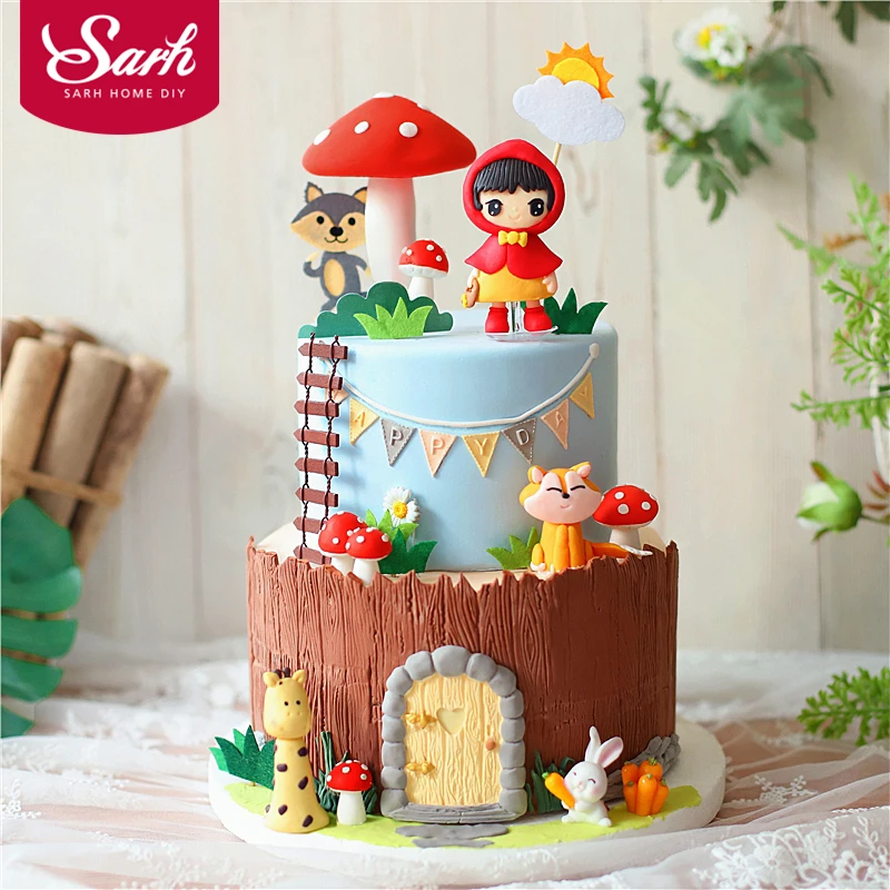 

Mushroom House Little Red Hood Girl Happy Birthday Cake Topper Supplies for baby party decoration Baking Cute Gifts