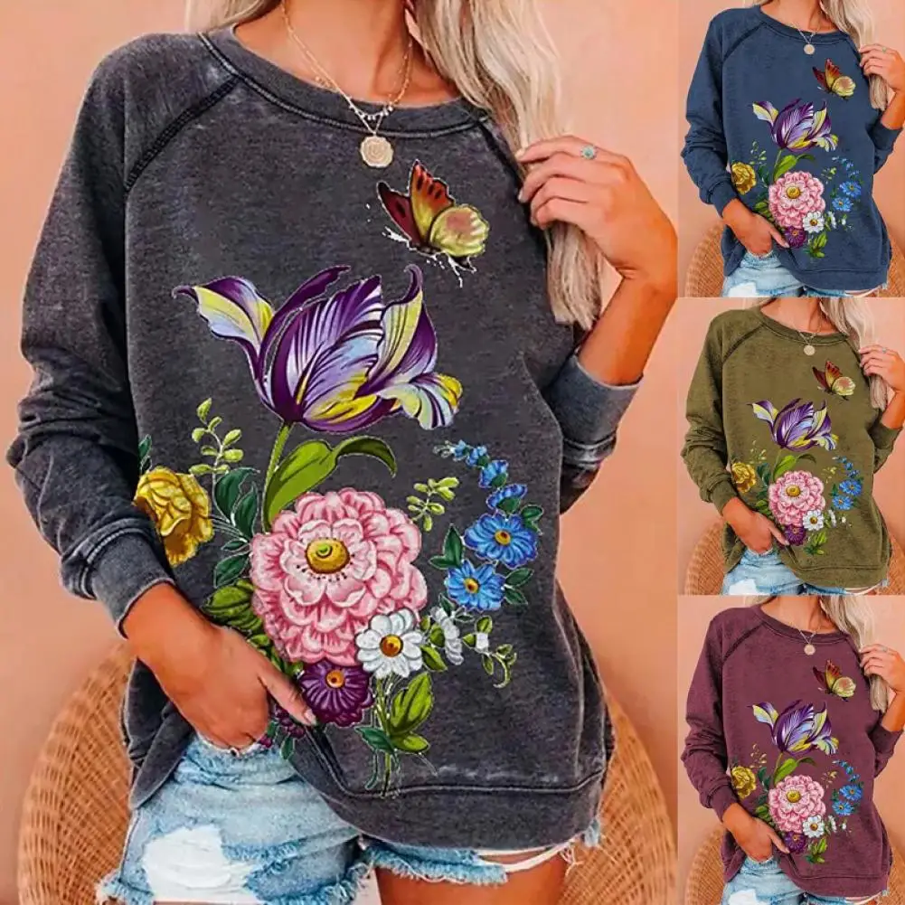 

Butterflies Floral Print Shirts Blouses Women Pullover Sweatshirt Long Sleeve Blouse O-Neck Loose Fit Women Sweatshirt Outerwear