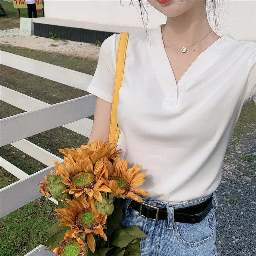 

Woman TShirts Women's Short-Sleeved 2021 Summer Loose V-neck Casual White Top Crop Top Mujer Camisetas