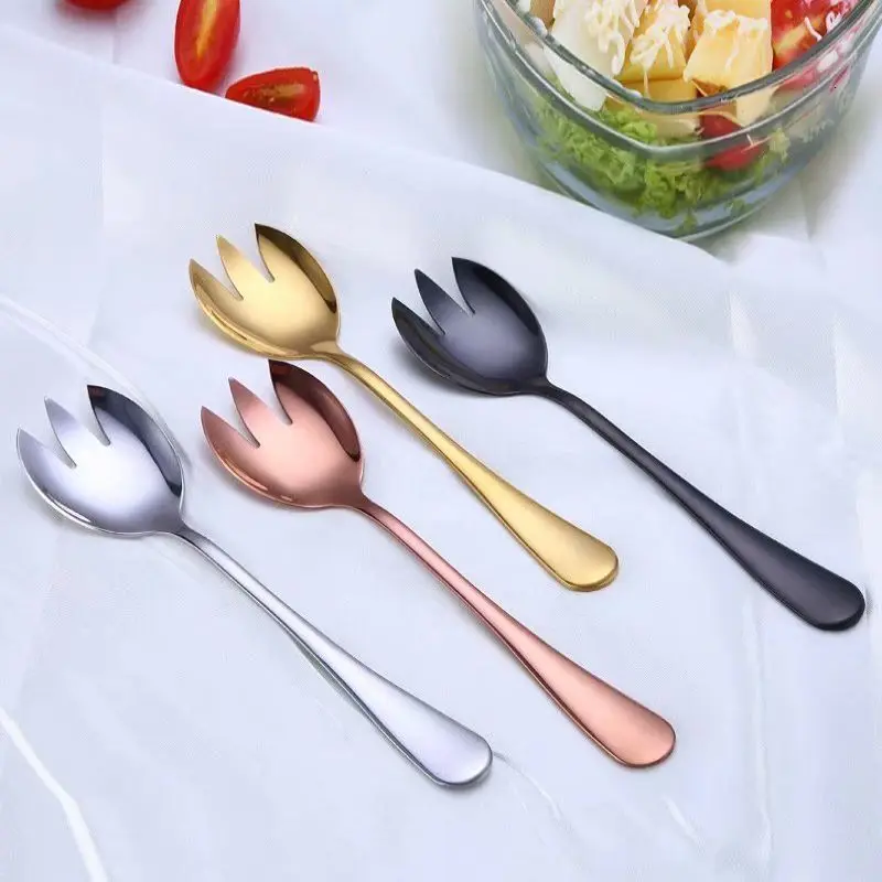 

New Gold Fruit Salad Dessert Spoon Fork 2PCS Salad Spoon Stainless Steel Cutlery Set Serving Spoon Set Colorful Unique Spoons