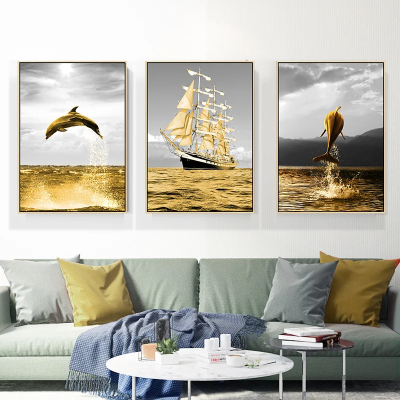 

Nordic Style Yellow Ocean Landscape Waves Animals Whale Boat Canvas Painting Wall Picture Printing Poster Living Room Decoration