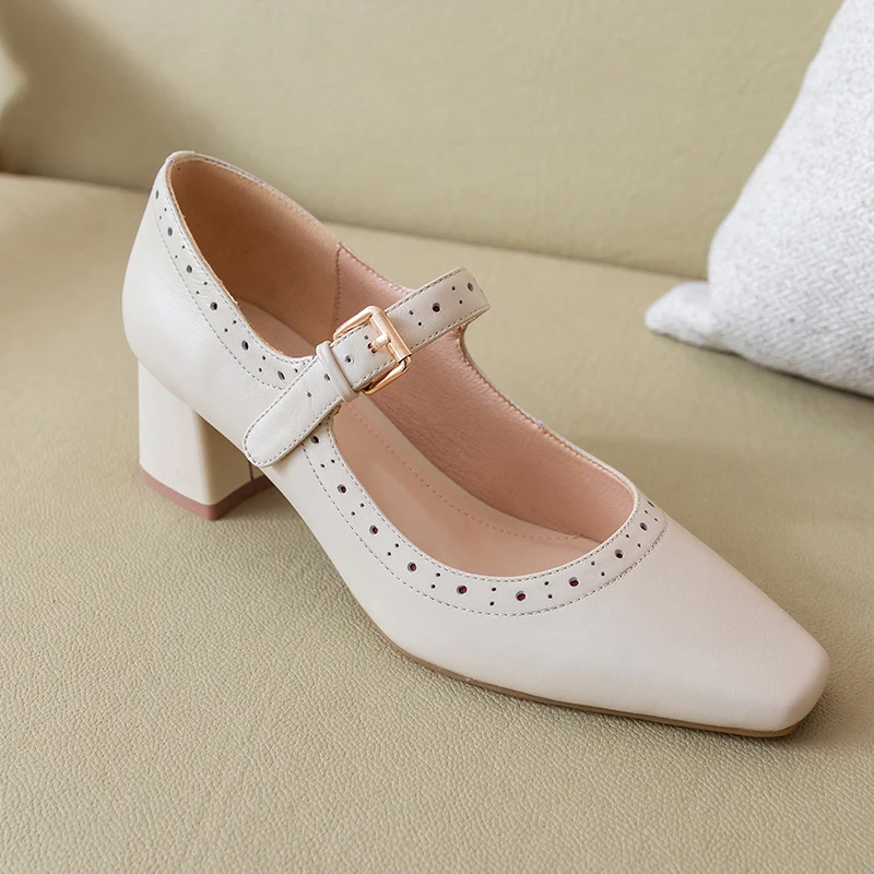 

2021 Newest Genuine Leather Platform Women'S Shoes Mary Janes med heels Shoes Woman Heels Spring Party Dancing Women's Shoes