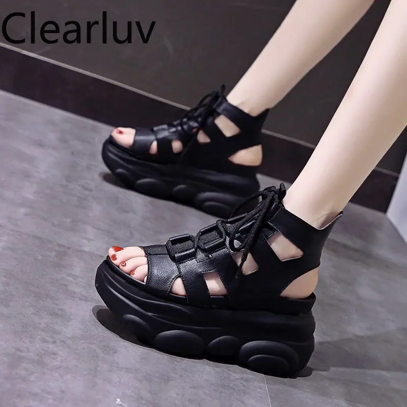 

Platform Wedge Sandals Breathable hollow lace-up fashion sandals Comfortable Women Beach Shoes Thick Sole Size 34-39 High 9cm
