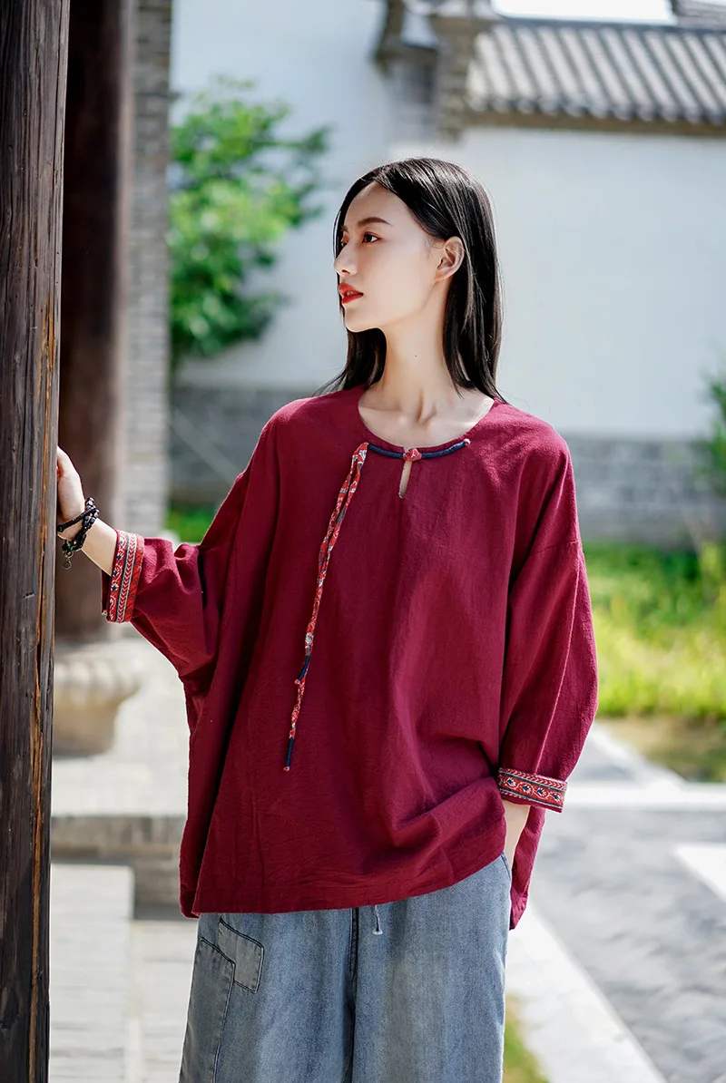 Shanghai Story Women Cotton Linen Casual Loose Button-Down Shirt Solid Short Sleeve Basic Blouse Henley Tops